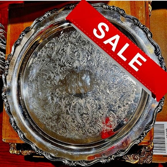 #Vintage 12” Round #Oneida Silver Plated Etched & Ornate Edge Serving Tray - Picture 1 of 9